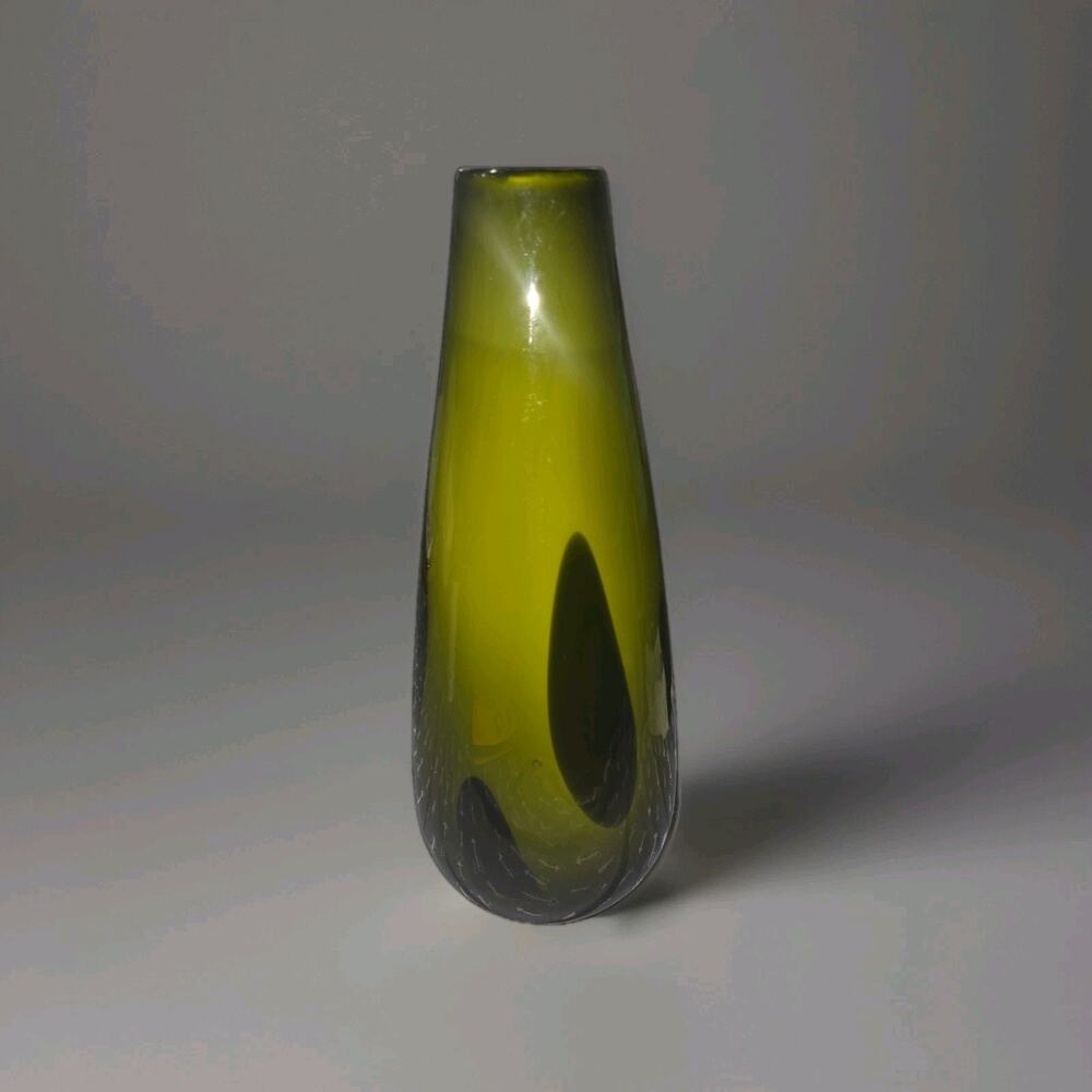TALL 16" Hand Blown Art Glass Vase - Heavy Olive Green Teardrop Artistic Studio